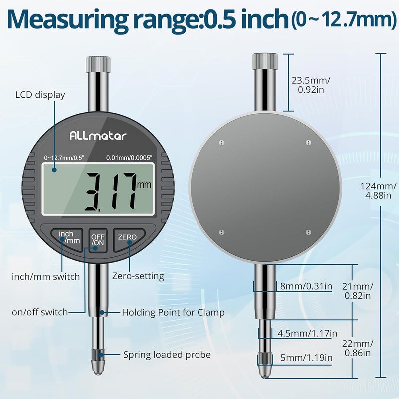 ALLmeter Store Dial Indicator Bore Gauge with 1.4"-6"/0.0005" Measuring Range Dial Bore Gauge Set with 15PCS Anvils & 6" Measuring Depth for Engine Cylinder Deep Engine Hole Cylinder Measurement Gage - Image 3